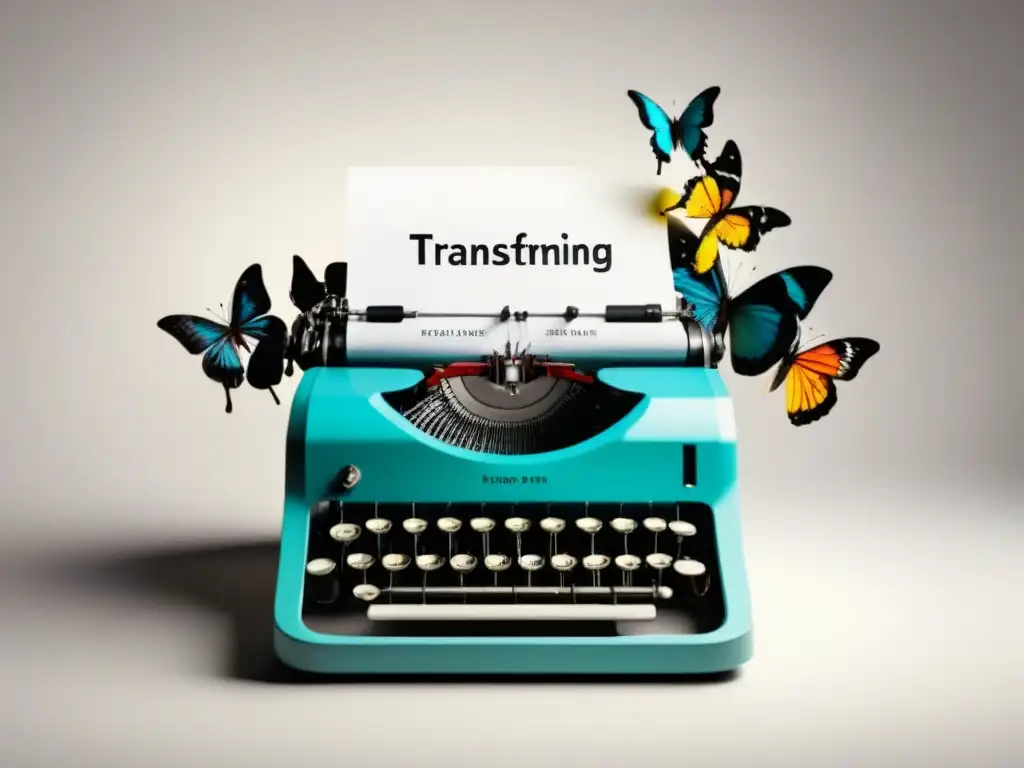 Inspiración poética: palabras que se transforman en mariposas de colores, saliendo de una máquina de escribir vintage en un fondo blanco