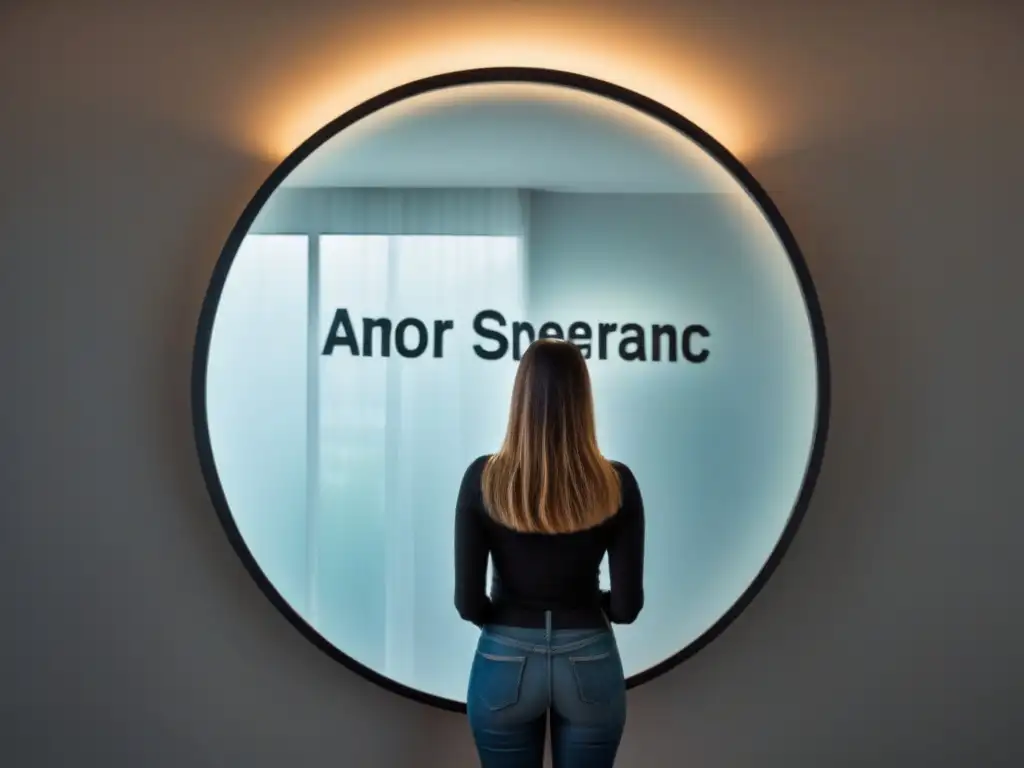 Reflexión poética: persona frente a espejo con palabras como 'amor' y 'sueños'