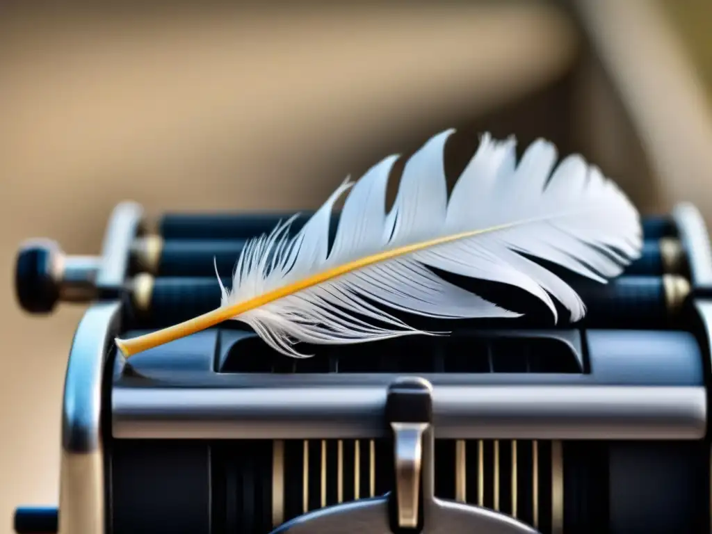 Poética pluma blanca sobre máquina de escribir antigua, con luz natural suave y sombra sutil