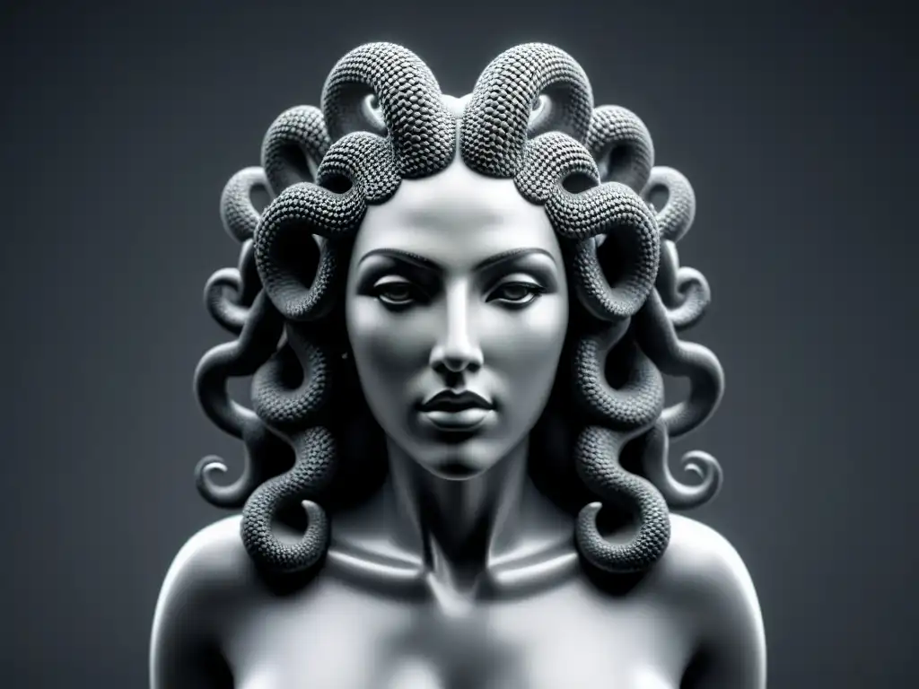 Una reinterpretación poética y sofisticada de la mitología clásica de Medusa en blanco y negro