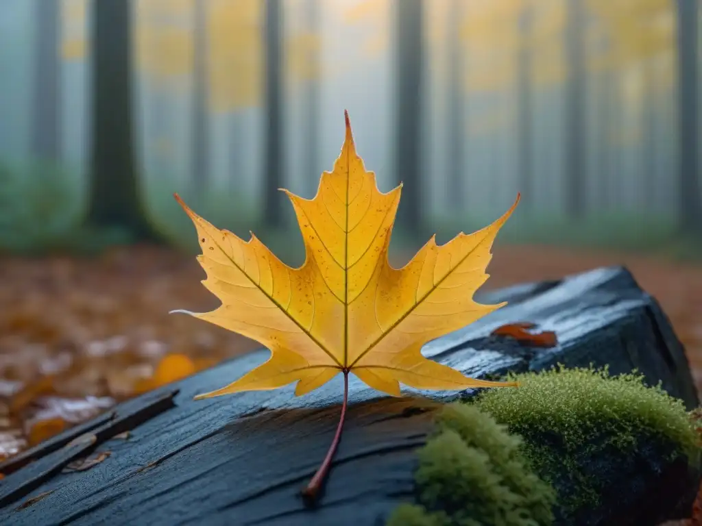 Un poético amanecer otoñal: hoja de arce solitaria cae en un bosque cubierto de niebla, fusionando profundidad y belleza