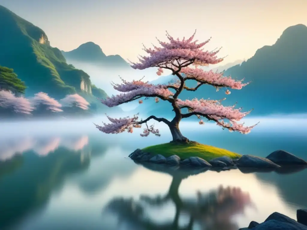 Un poético árbol de cerezo en flor solitario, rodeado de montañas brumosas y un lago sereno al amanecer