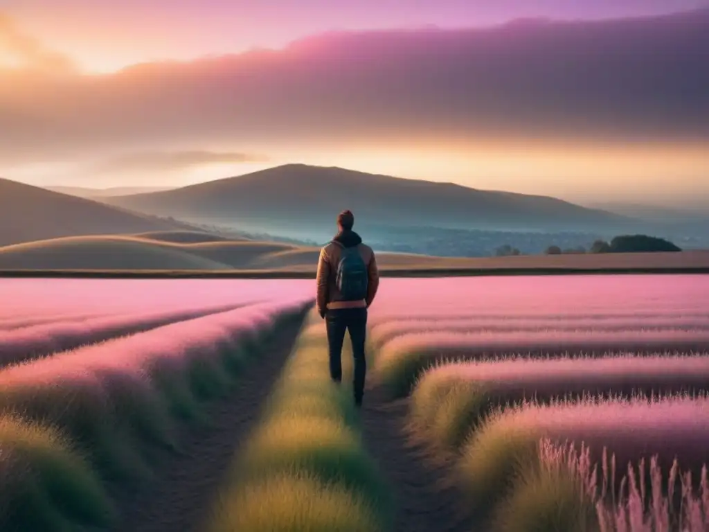 Un poético atardecer en el campo, donde una figura solitaria se sumerge en la contemplación del horizonte