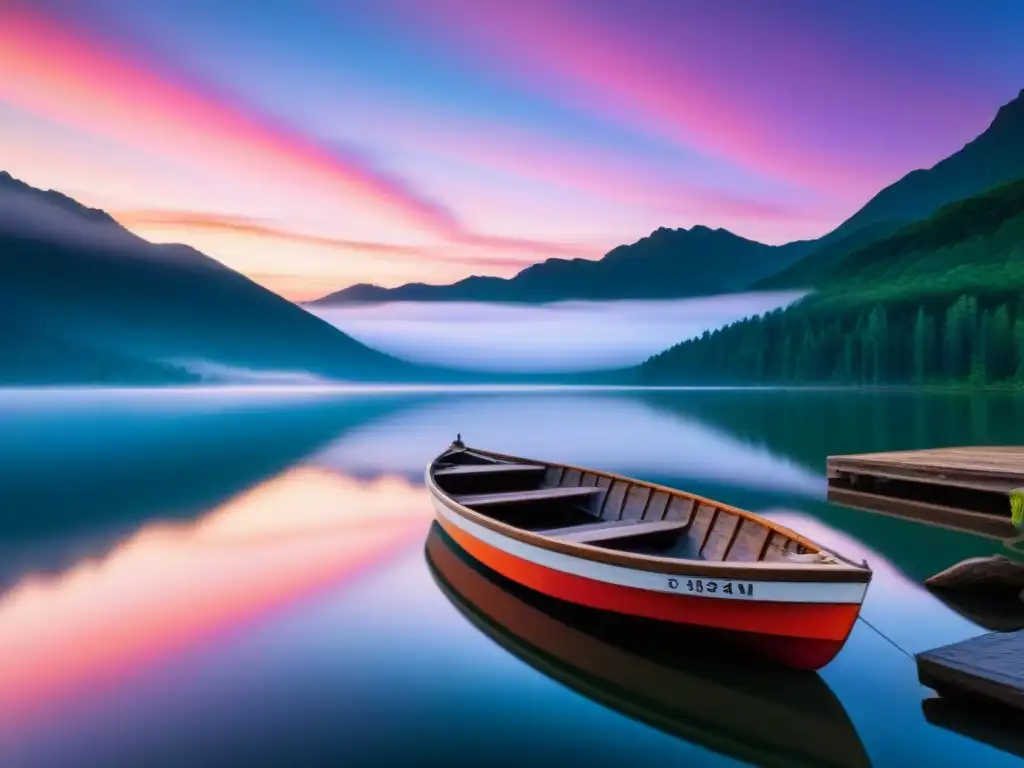 Un poético atardecer en un lago tranquilo, reflejando la serenidad de un bote solitario