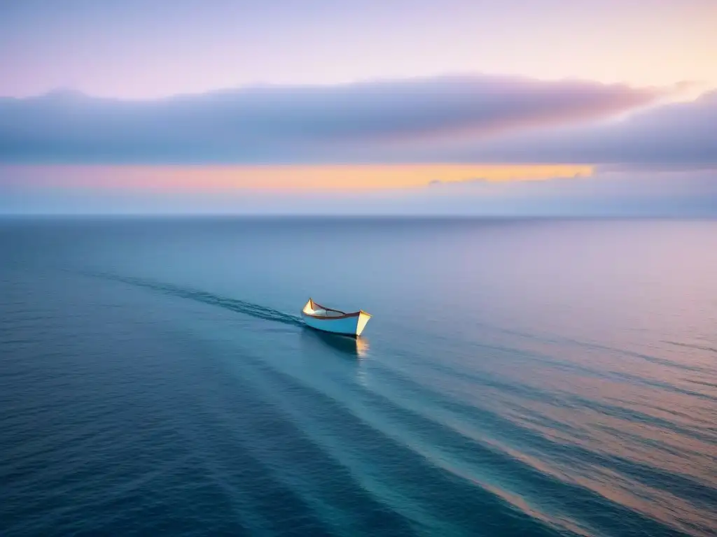 Un poético atardecer en el mar con un pequeño barco de papel flotando