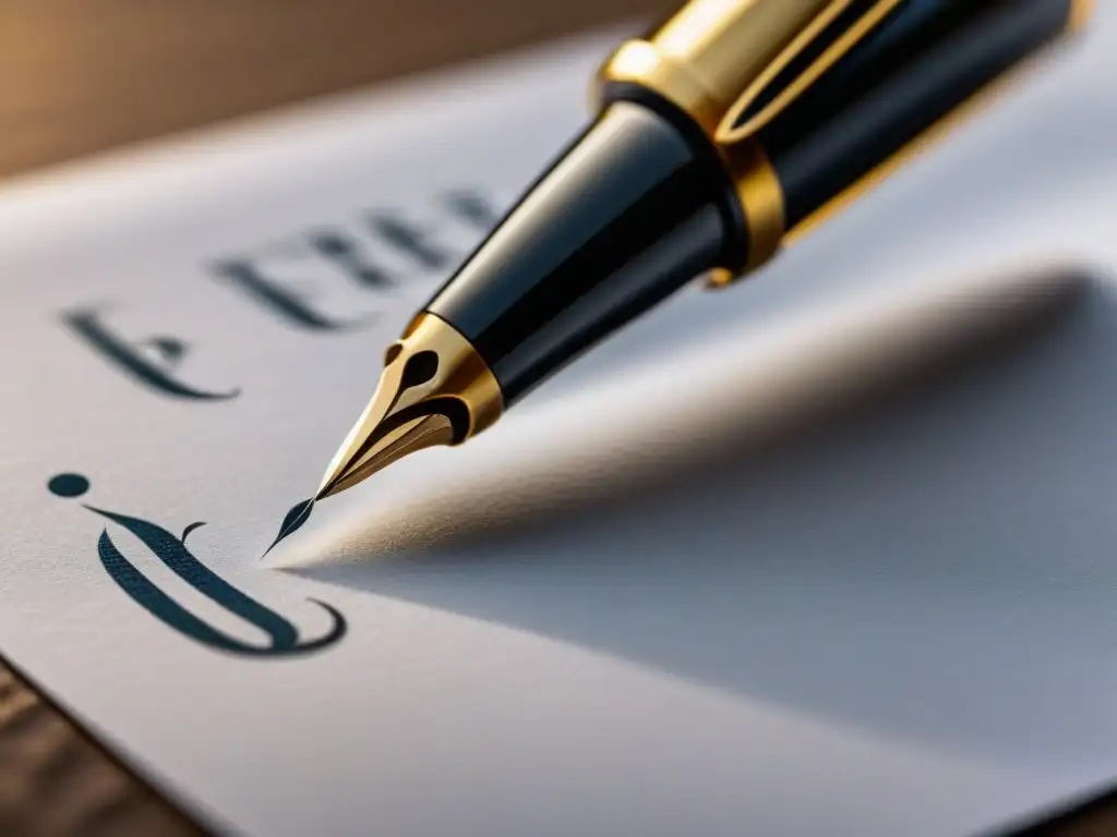 Un poético close-up de una pluma fuente sobre papel en blanco, ideal para técnicas para escribir poesía conmovedora