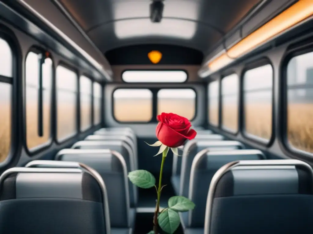 Un poético contraste: una rosa en un abarrotado autobús urbano, poesía transformadora en transporte público