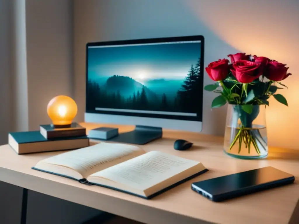 Workspace poético: laptop con calendario, libros de poesía y rosa roja en un escritorio minimalista