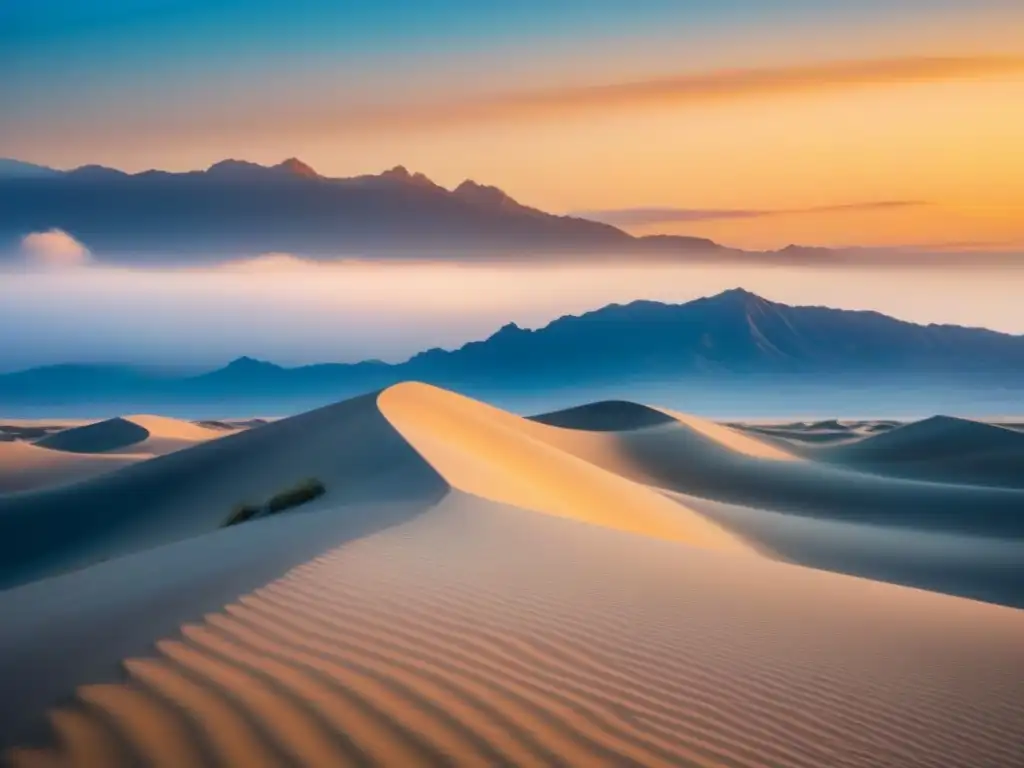 Un poético paisaje transformador: figura solitaria en desierto al atardecer, sombras largas, cielo pastel