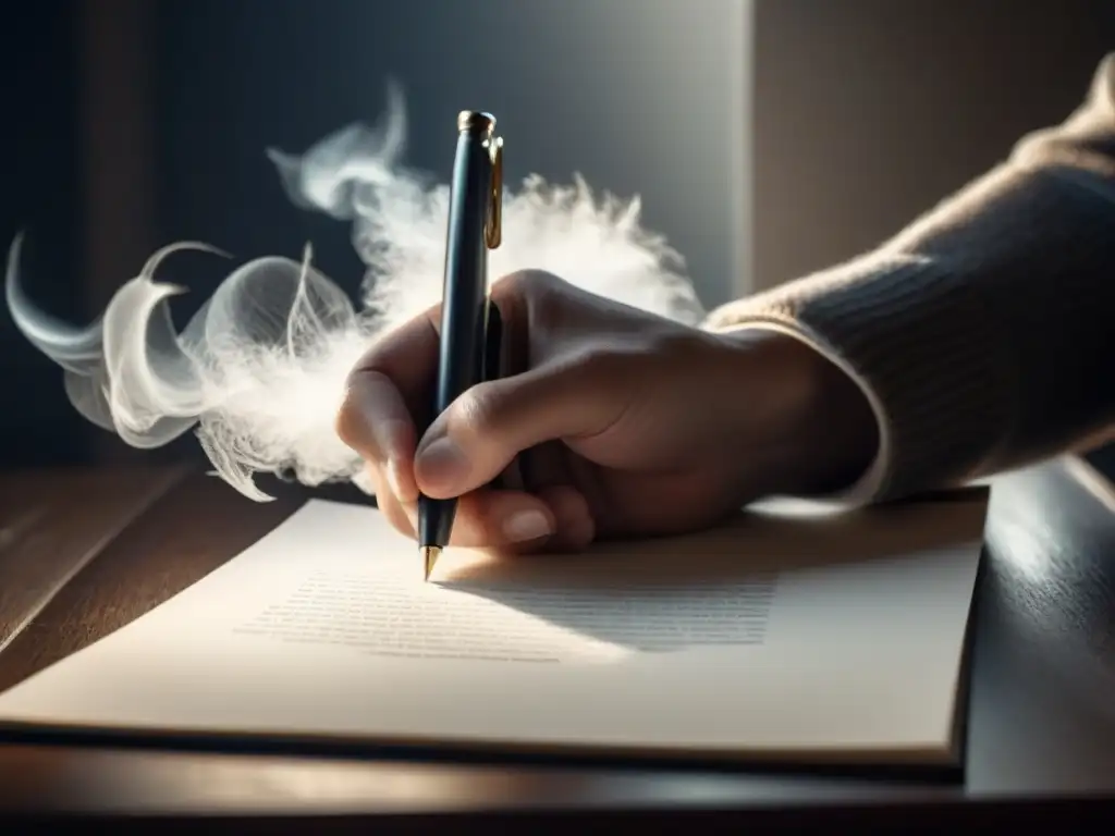 Un poético y transformador mercado de palabras con una pluma escribiendo en papel en blanco, iluminado por suaves rayos de luz