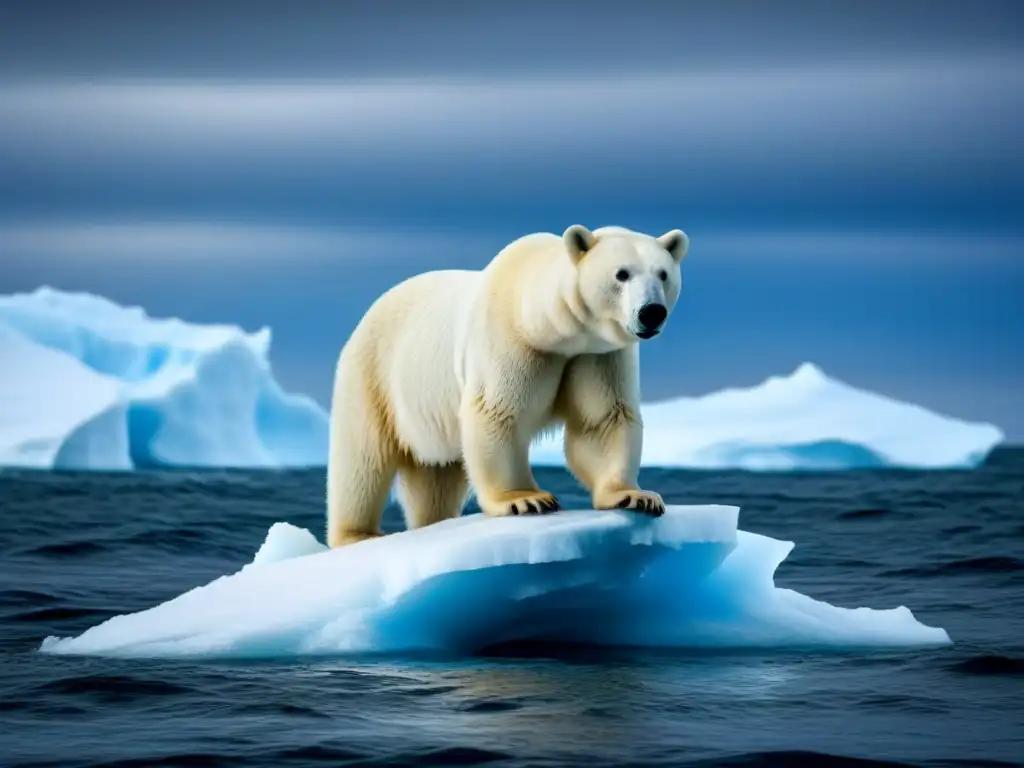 Polar bear solitario en iceberg derritiéndose, reflejando crisis climática