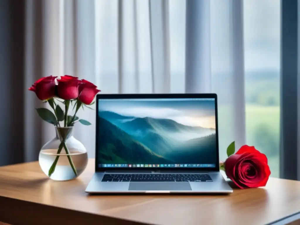 Un portátil moderno sobre escritorio de madera con rosa roja en florero de vidrio