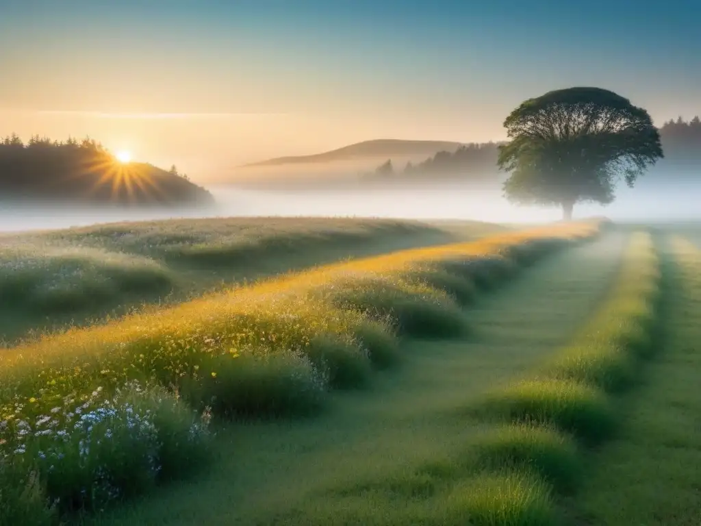 Un prado sereno al amanecer con luz dorada, reflejando la poesía transformadora de la naturaleza