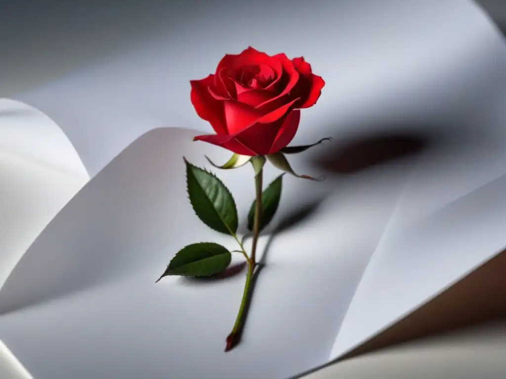 Premios poesía mujeres voces femeninas: Detalle de una rosa roja sobre papel blanco, simbolizando la belleza y feminidad poética