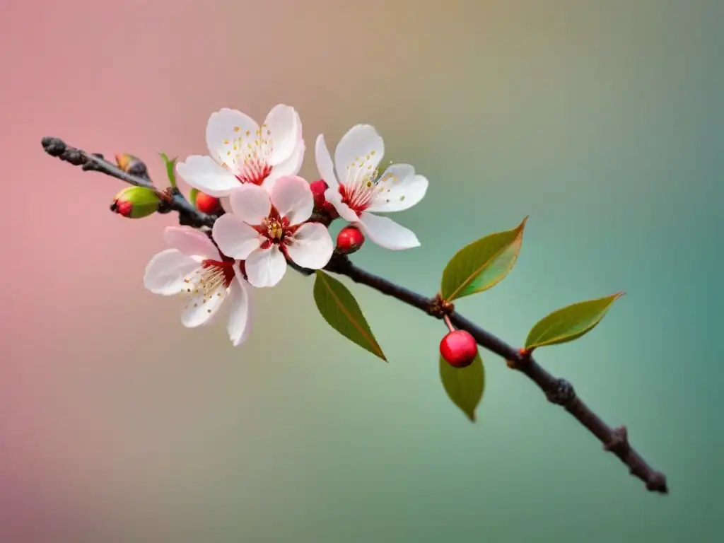 La profunda belleza de un solitario ramo de cerezo en un suave fondo rosa pastel, reflejando la profundidad de los haikus poéticos