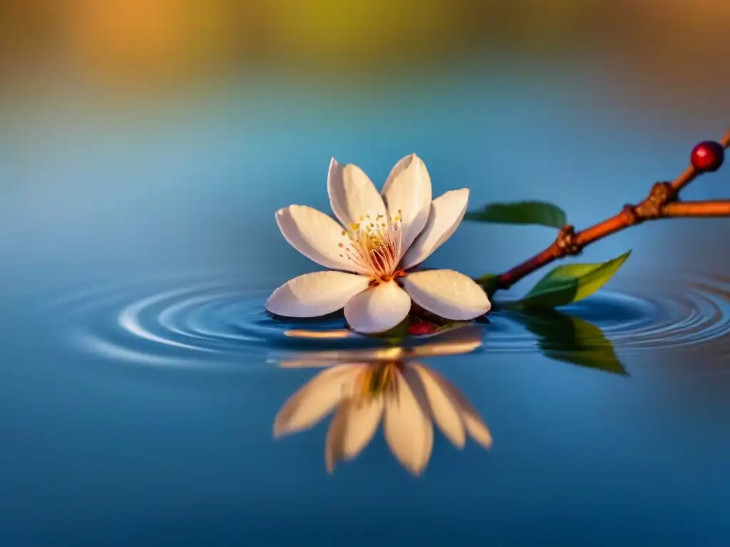 Profundidad de los haikus poéticos: un solitario cerezo en flor flotando en un estanque sereno al atardecer, reflejando colores pastel