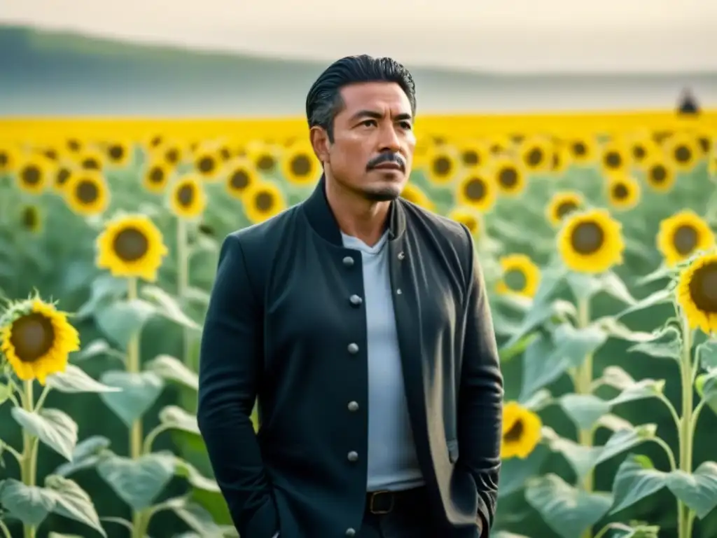 Miguel Hernández entre girasoles: poesía y naturaleza Miguel Hernández poeta del pueblo, con determinación en un mar de girasoles, conectado con la naturaleza y la gente