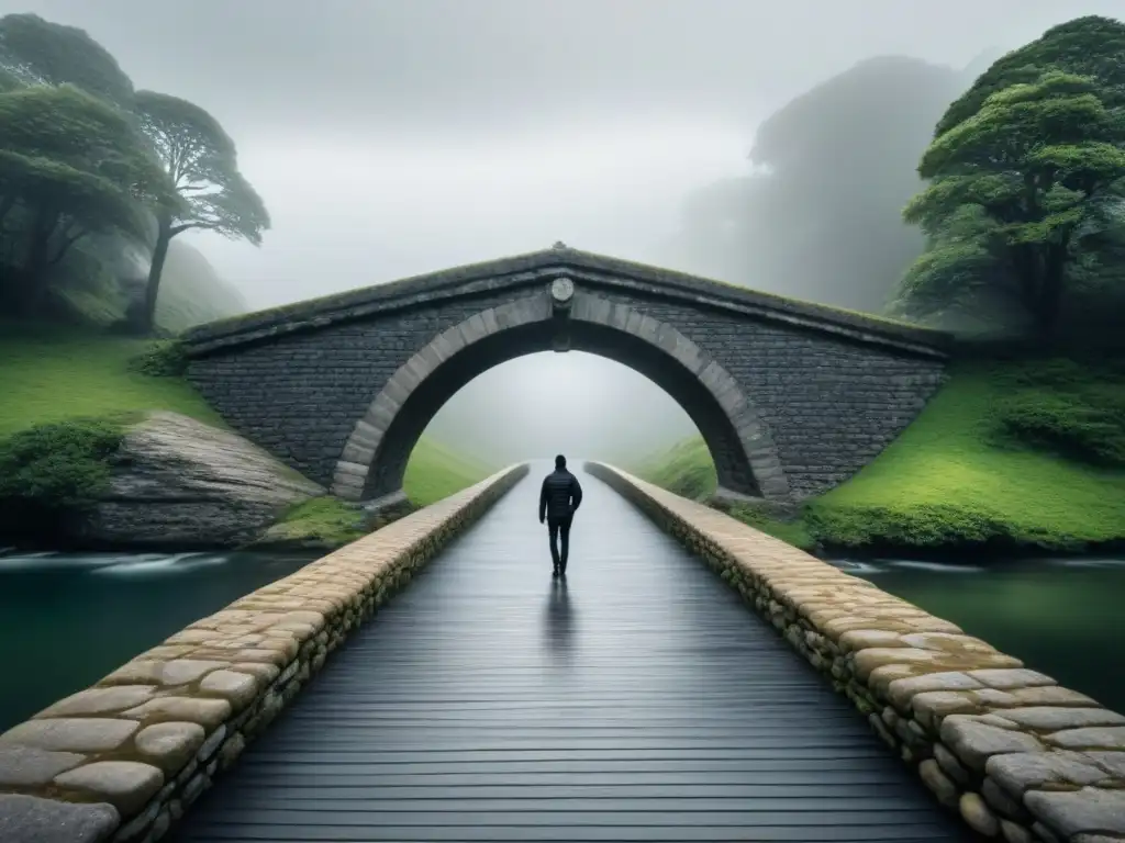 Un puente de piedra en blanco y negro sobre un río tranquilo, con una figura caminando, simbolizando la importancia transformadora de la poesía