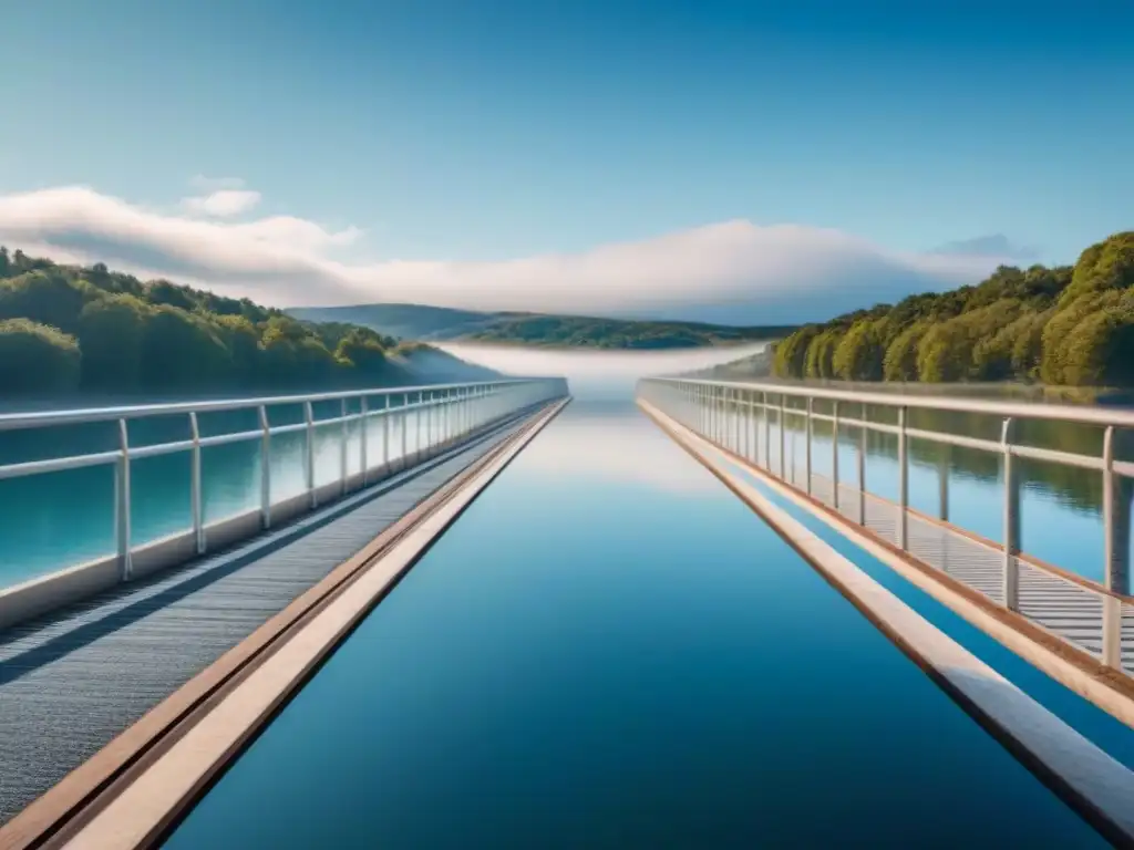 Un puente de cristal moderno y elegante sobre un lago sereno, reflejando el cielo azul y algunas nubes