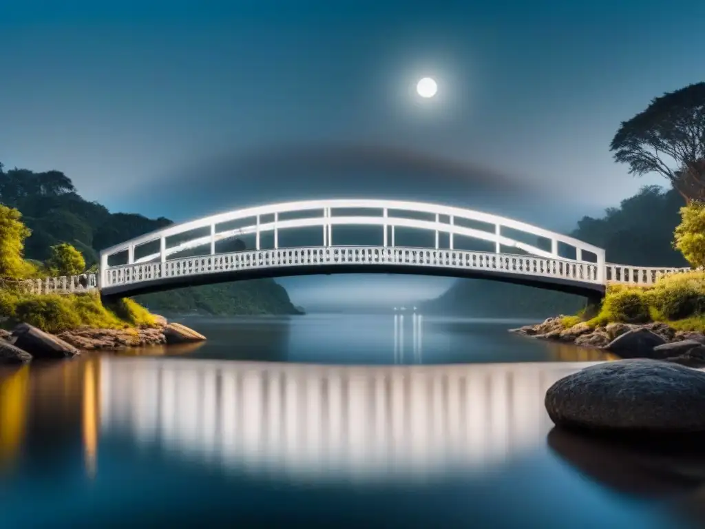 Un puente delicado y elegante reflejando la luz de la luna en un río sereno, simbolizando el poder transformador de la poesía lírica