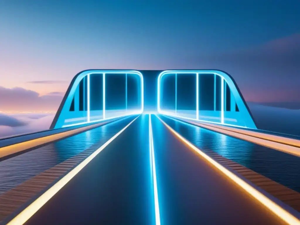 Un puente digital fusiona tecnología y poesía transformadora en una imagen minimalista detallada