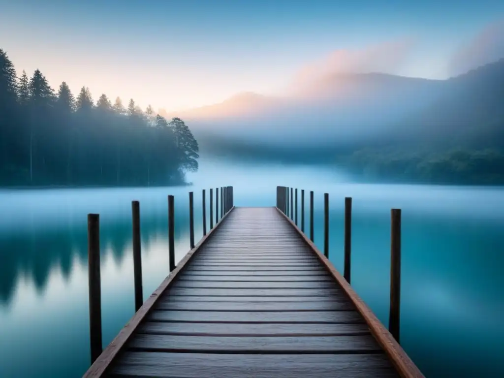 Un puente etéreo sobre un lago sereno, con neblina y luz tenue, simbolizando la vida después de la muerte