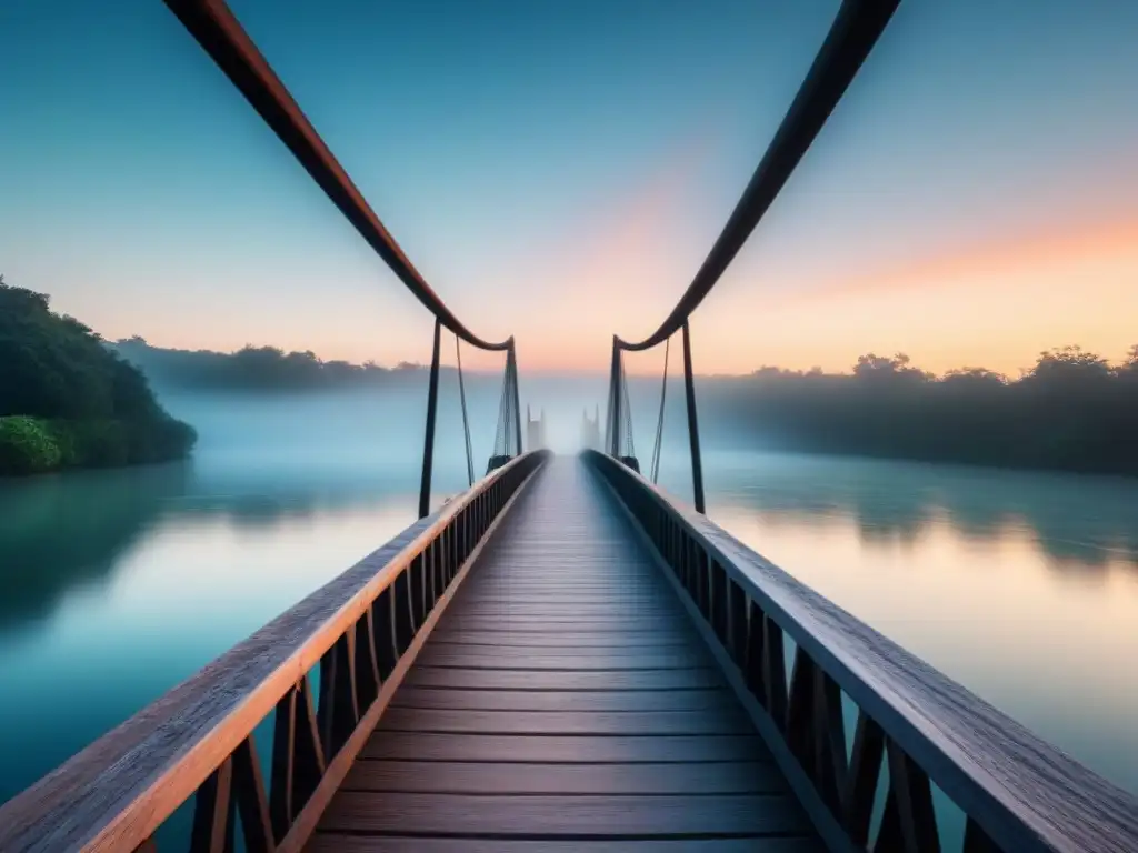 Puente etéreo sobre río tranquilo, simbolizando la conexión entre la vida y la vida después de la muerte