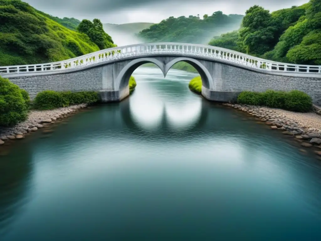 Un puente en forma de corazón sobre un río, con versos de poesía grabados, conectando corazones con mensajes transformadores