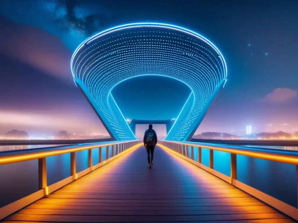 Un puente futurista de circuitos brillantes y letras iluminadas se entrelaza con versos poéticos, fusionando tecnología y arte en un paisaje estelar