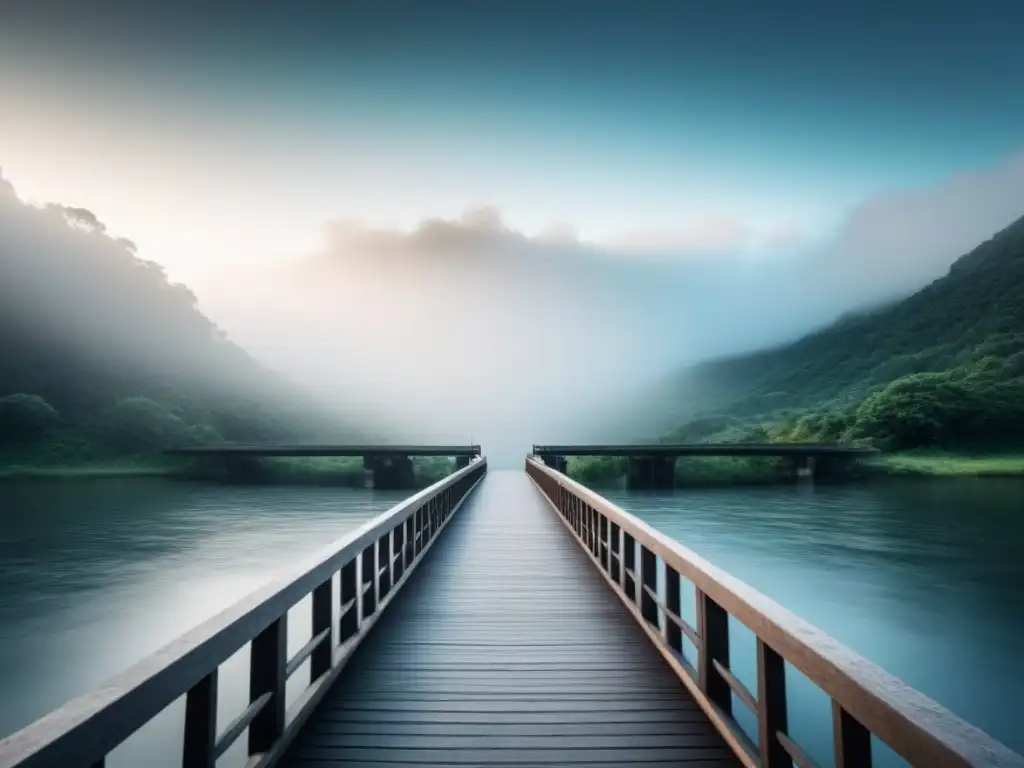 Un puente minimalista en blanco y negro sobre un río sereno, simbolizando la conexión entre razón y emoción