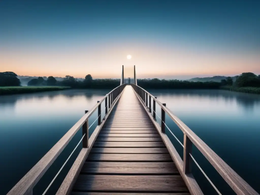 Un puente minimalista en blanco y negro sobre un río sereno, reflejando la luz de la luna