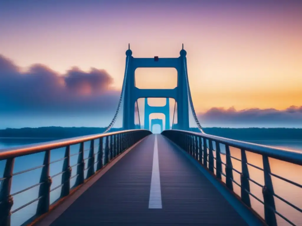Un puente moderno sobre agua serena al amanecer, evocando la preparación para concursos de poesía internacionales