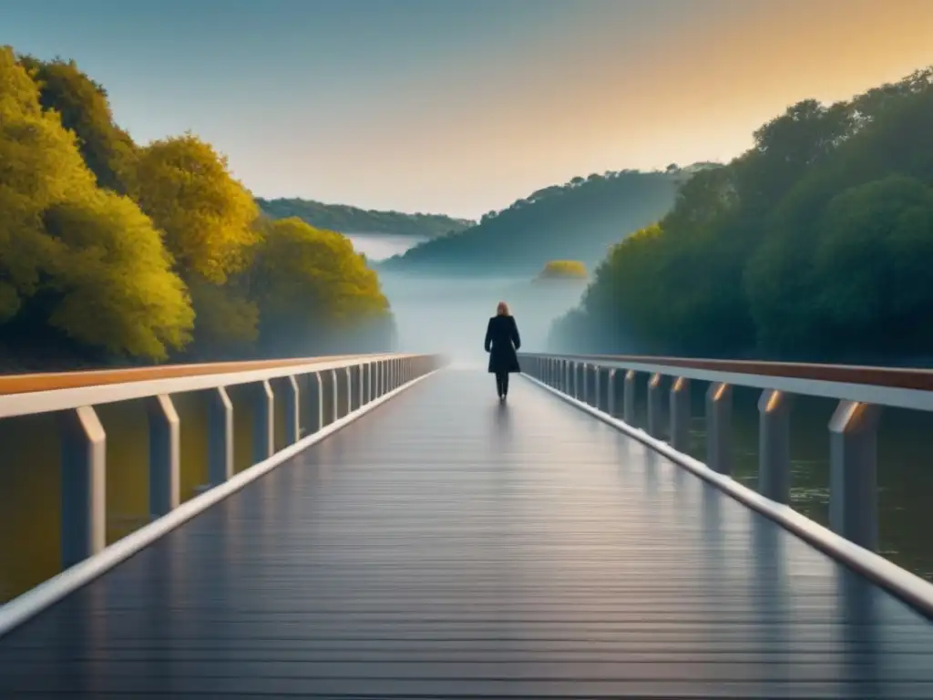 Un puente moderno y elegante sobre un río tranquilo, bañado en luz dorada, simbolizando la poesía lírica transformadora palabras mercado