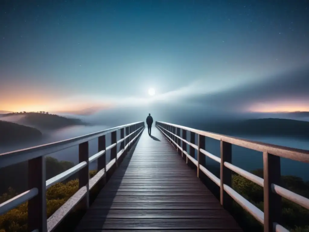 Un puente entre mundos: figura en silueta sobre un cielo estrellado, mirando al horizonte donde sale el sol, simbolizando la vida después de la muerte