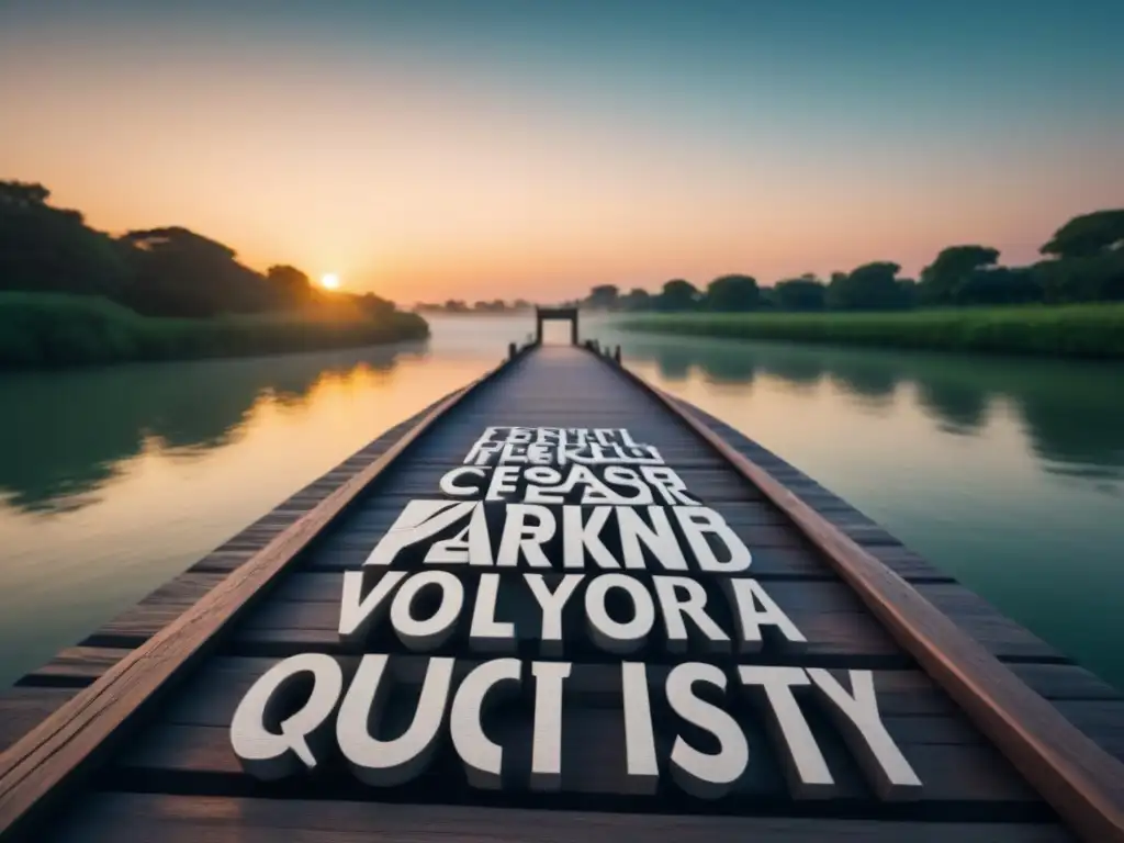 Un puente de palabras que une culturas en un río sereno al atardecer, enseñanza de poesía en idiomas