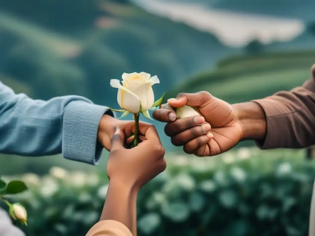 Un puente de palabras uniendo culturas con rosas blancas, simbolizando transformación a través de la poesía