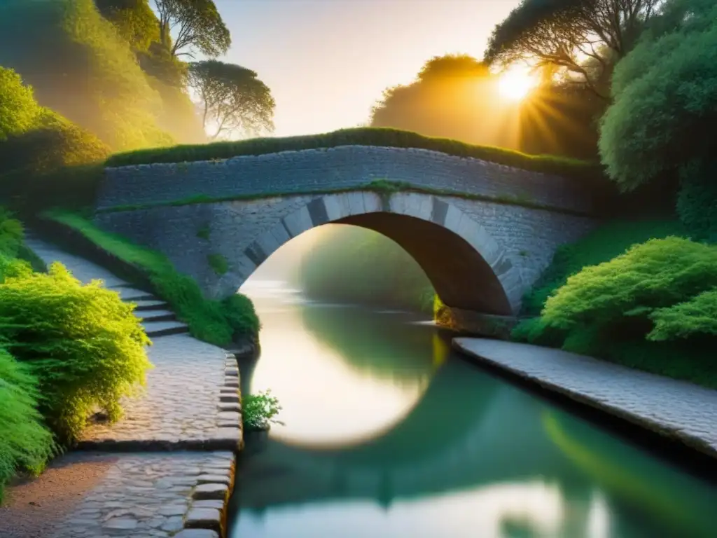 Un puente de piedra antiguo sobre un río sereno, enmarcado por verdor y luz dorada del atardecer