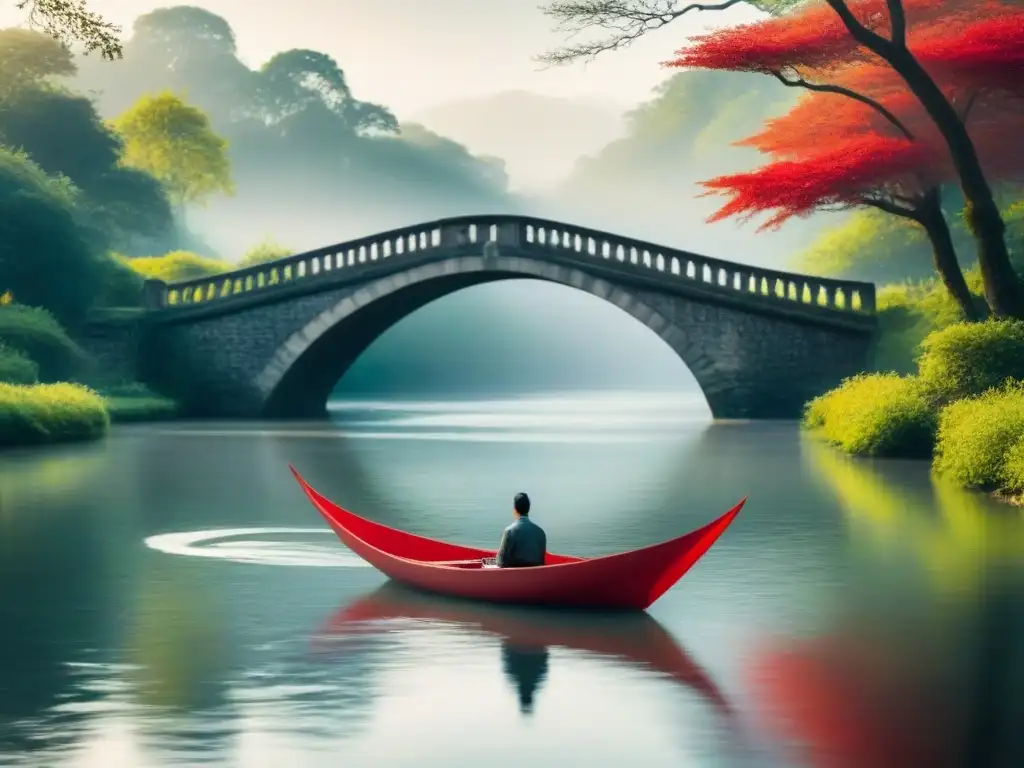 Puente de piedra elegante sobre río tranquilo, barco de papel rojo con poema, conectando poesía transformadora mensajes ríos corazones