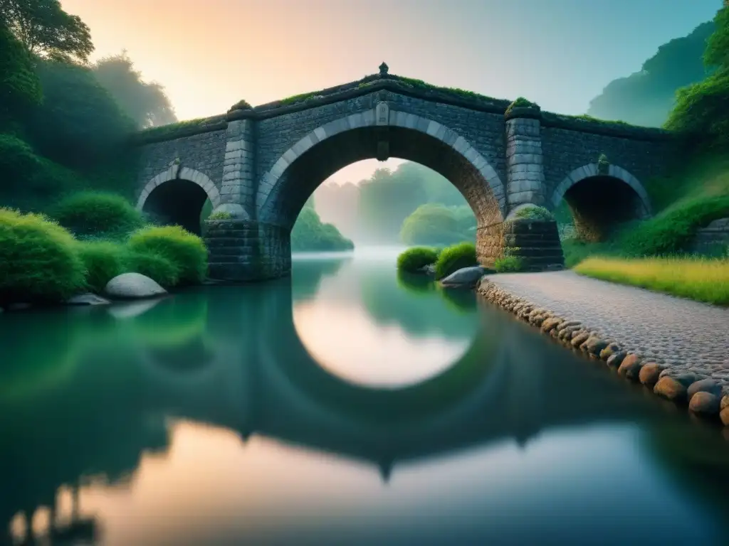 Un puente de piedra sobre un río tranquilo rodeado de vegetación, reflejando simetría y equilibrio con luz cálida al atardecer