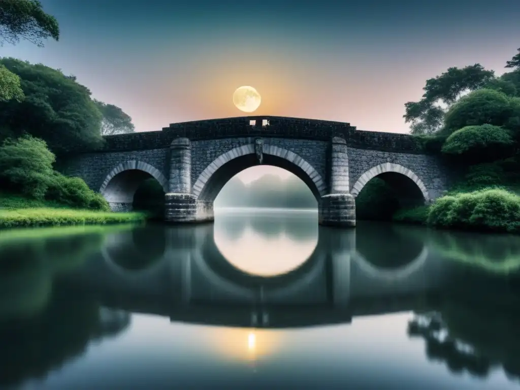 Un puente de piedra sobre un río tranquilo, con la luna reflejada, simbolizando el poder transformador de la poesía