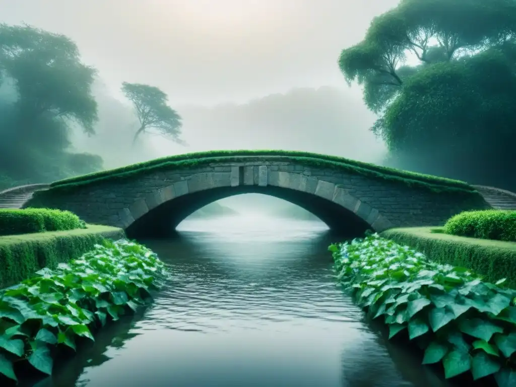 Un puente de piedra une lo terrenal con lo divino, entre niebla y luz celestial