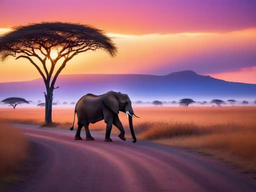 Puesta de sol africana: elefante solitario en la sabana al atardecer Puesta de sol africana con elefante solitario y acacias siluetadas