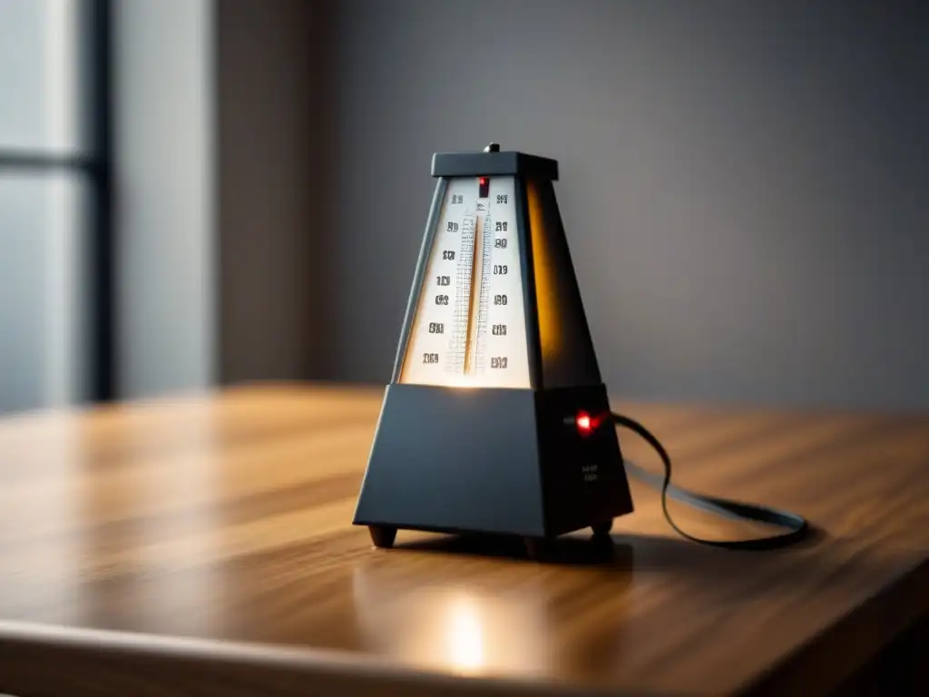 El pulso de la poesía: Imagen minimalista en blanco y negro de un viejo metrónomo sobre un escritorio de madera, iluminado por una suave luz