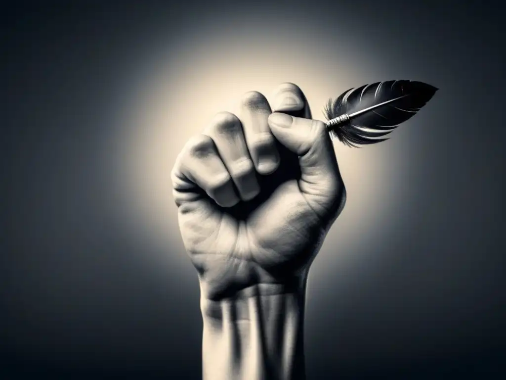 Un puño alzado sostiene una pluma, simbolizando el poder de la poesía para el cambio social