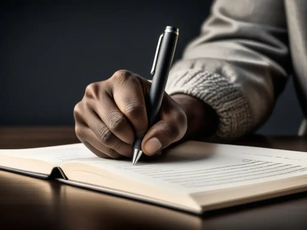 Un puño cerrado sostiene una pluma, listo para escribir, representando la poesía contra la injusticia económica