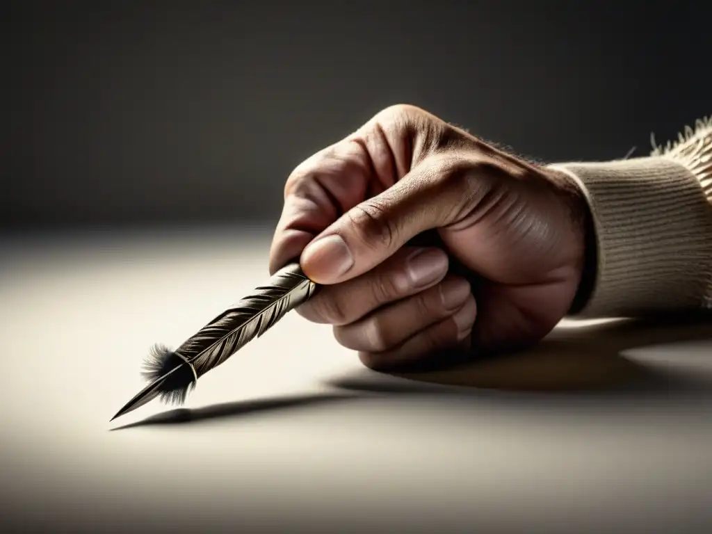 Poesía de protesta: puño con pluma Un puño cerrado sostiene una pluma, símbolo de la transformación social a través de la poesía en el siglo XX