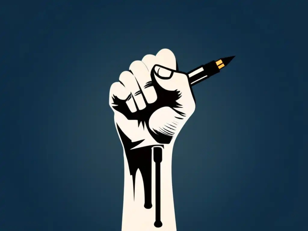 Un puño levantado sostiene una pluma, simbolizando la unión entre activismo y poesía