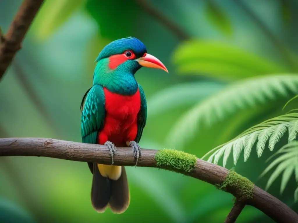 Un quetzal estilizado en una rama, plumas vibrantes y verdor intenso, simbolizando la importancia de la poesía en movimientos indígenas