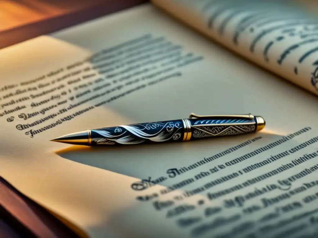 Pluma espinela: poesía en blanco y negro Un quill delicadamente traza una décima espinela en pergamino vintage