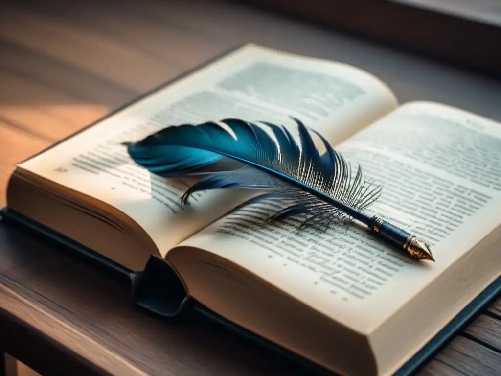 Pluma y libro vintage en escritorio, evocando sofisticación neoclásica Un quill sobre un libro antiguo en un escritorio de madera, evocando el Neoclasicismo en la poesía lírica